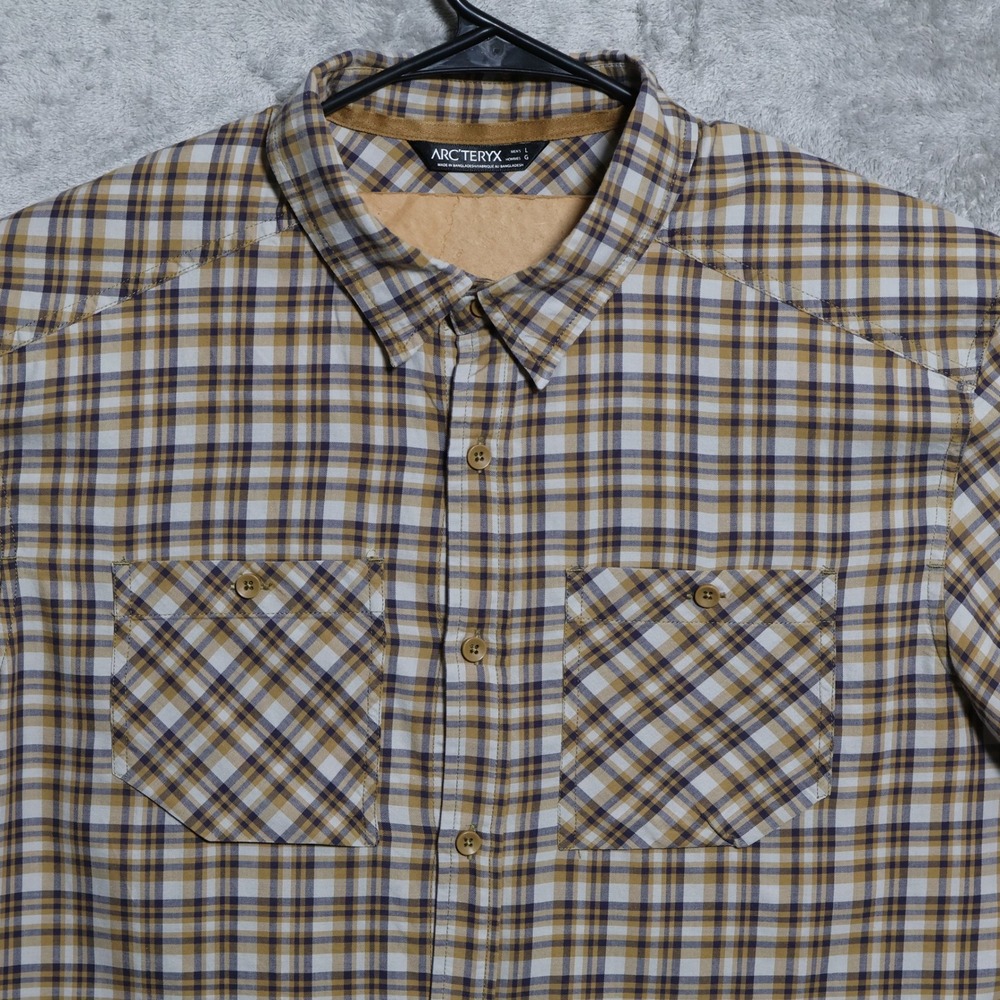 Arcteryx Shirt Men Large Brown Gray Brohm Plaid Double Pocket Wool Blend Outdoor